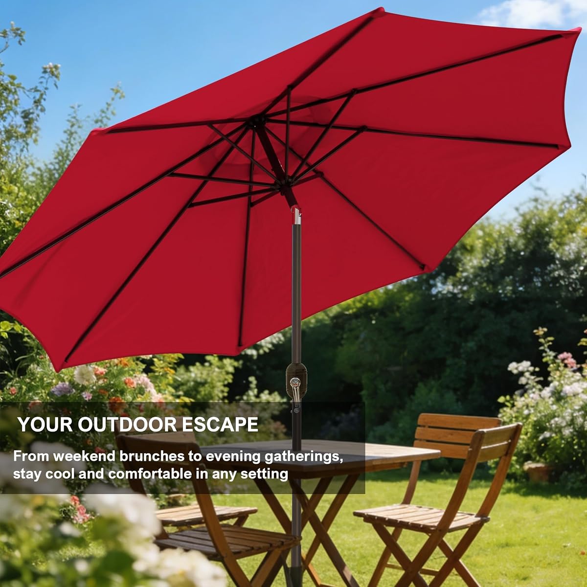 Blissun 9' Outdoor Patio Umbrella, Outdoor Table Umbrella, Yard Umbrella, Market Umbrella with 8 Sturdy Ribs, Push Button Tilt and Crank (Red) - detail image 2