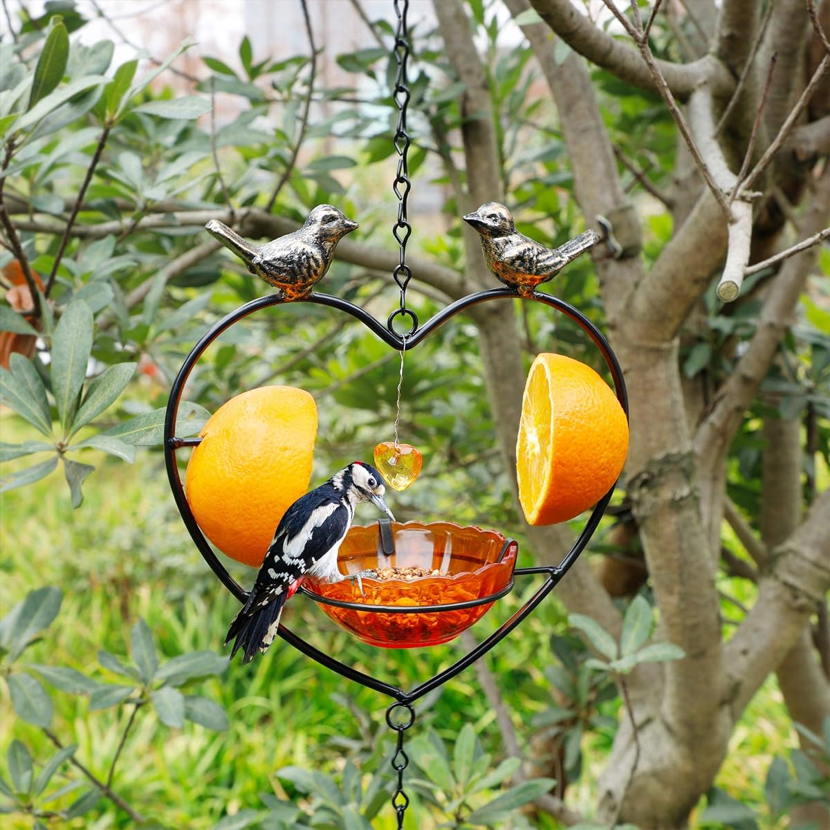 FORUP Oriole Bird Feeder for Outdoors Jelly and Oranges, Orange Fruit Oriole Jelly Bird Feeder, Outdoor Garden Metal Hanging Drinking Grape Jelly Container Hummingbird Feeder, Heart Shape - imagem de detalhe 5