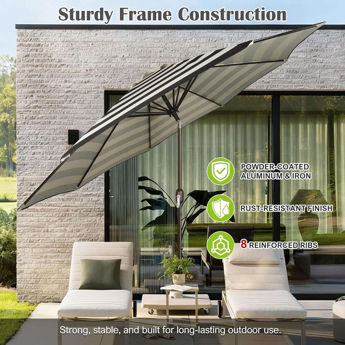 Blissun 10FT Patio Umbrella, Outdoor Table Umbrella, Yard Umbrella, Market Umbrella with 8 Sturdy Ribs, Push Button Tilt and Crank, Black & Ivory Stripe - detail image 2