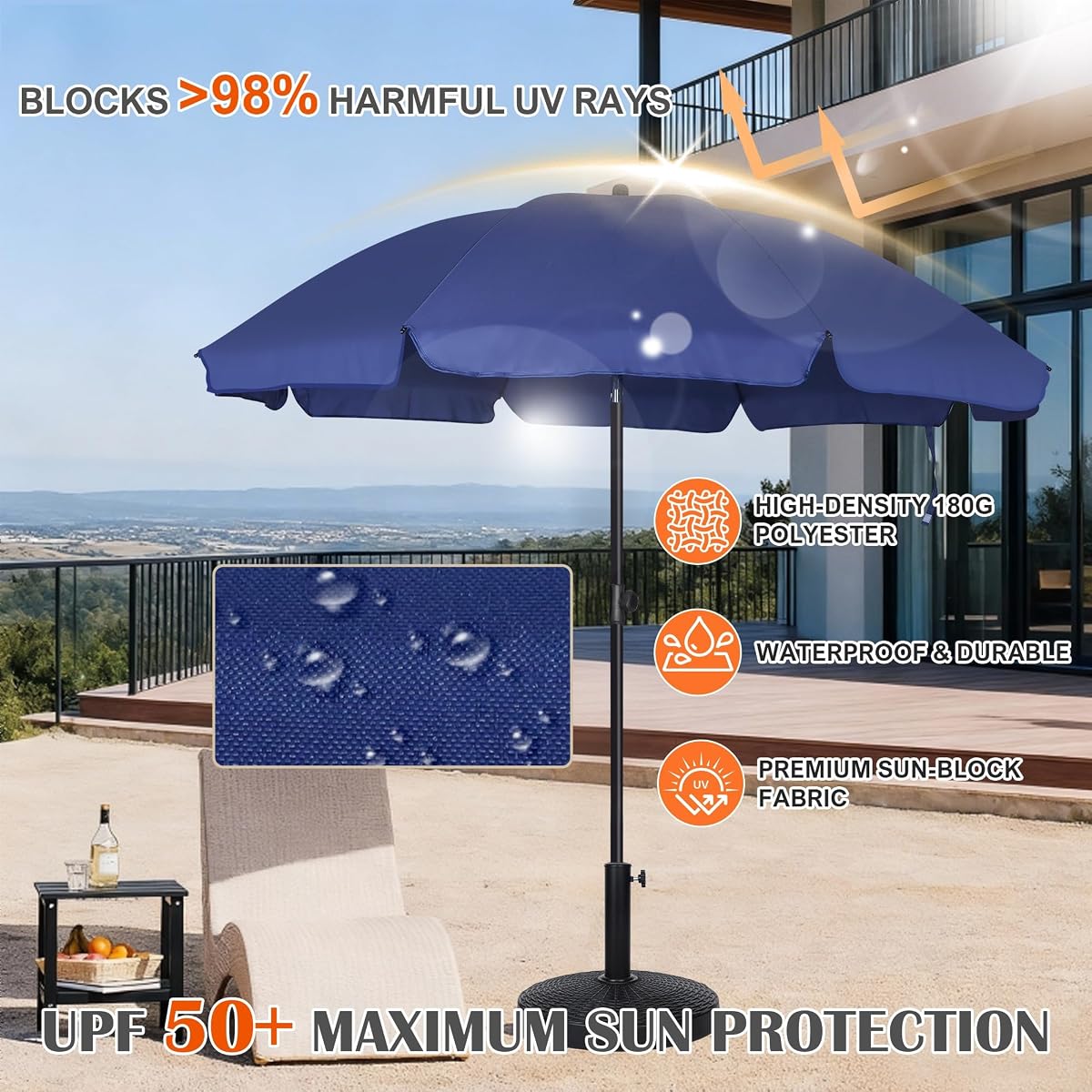 Blissun 6.5ft Patio Umbrella with Push Button Tilt & Height Adjustable, UV50+ Sun Protection with Sturdy Fiberglass Ribs & Iron Pole, Market Umbrella for Outdoor Table Garden Backyard Beach, Navy Blue - detail image 4