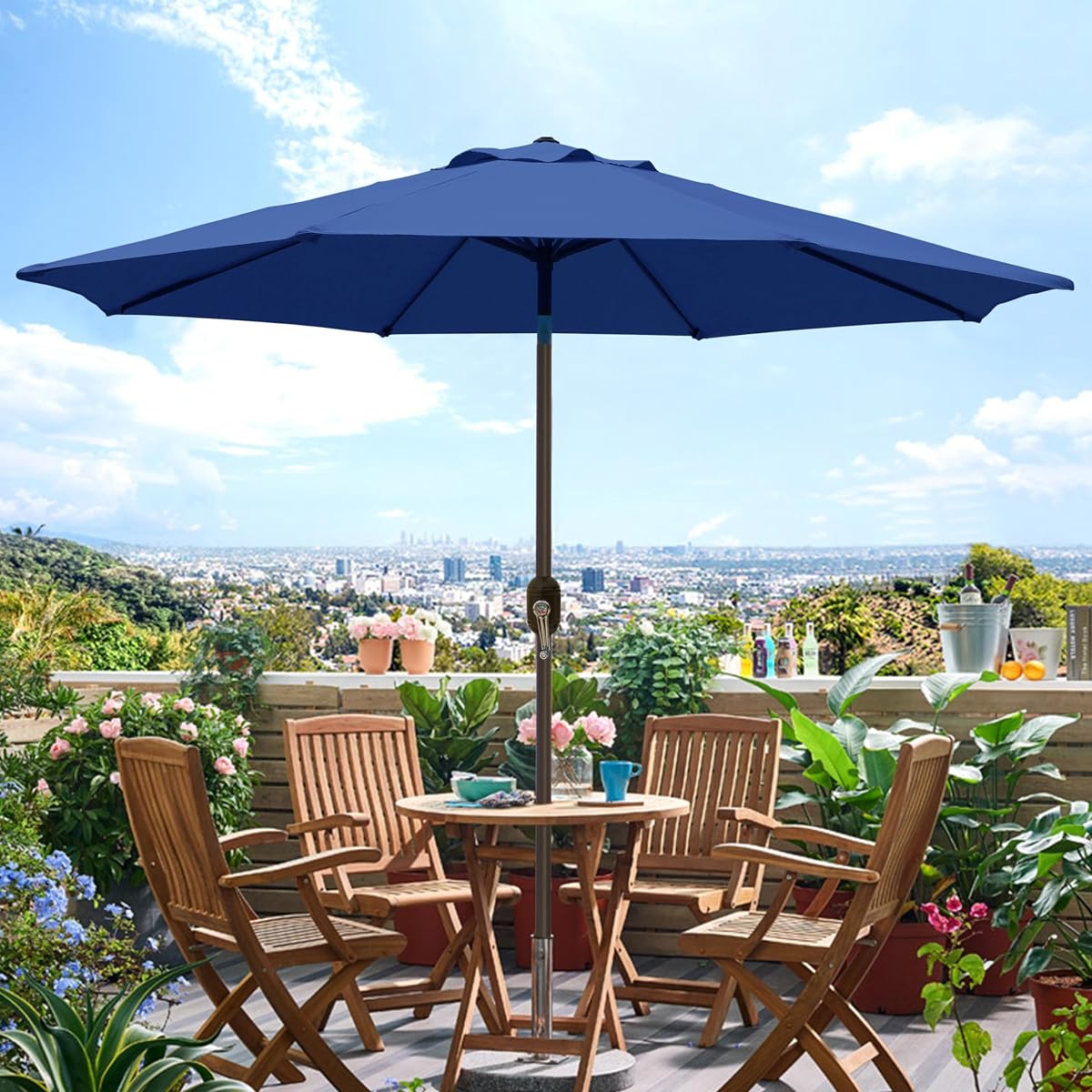 Blissun 9' Outdoor Patio Umbrella, Outdoor Table Umbrella, Yard Umbrella, Market Umbrella with 8 Sturdy Ribs, Push Button Tilt and Crank (Navy Blue) - detail image 4