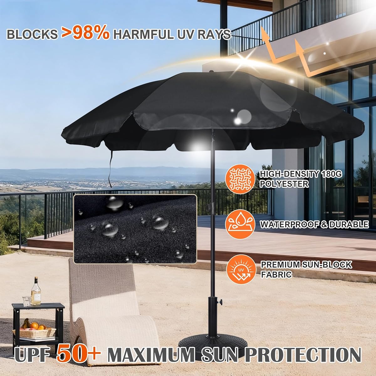 Blissun 6.5ft Patio Umbrella with Push Button Tilt & Height Adjustable, UV50+ Sun Protection with Sturdy Fiberglass Ribs & Iron Pole, Market Umbrella for Outdoor Table Garden Backyard Beach, Black - detail image 4