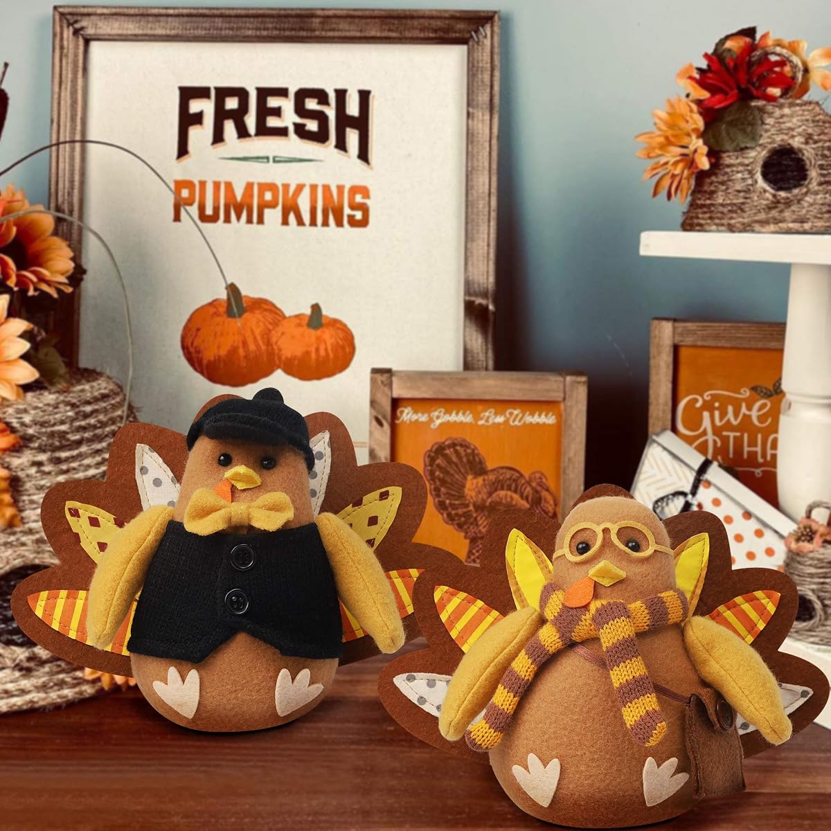 FORUP Standing Turkey Couple Thanksgiving Decoration for Autumn Fall Thanksgiving Harvest Halloween Home Decorations - imagen de detalle 5