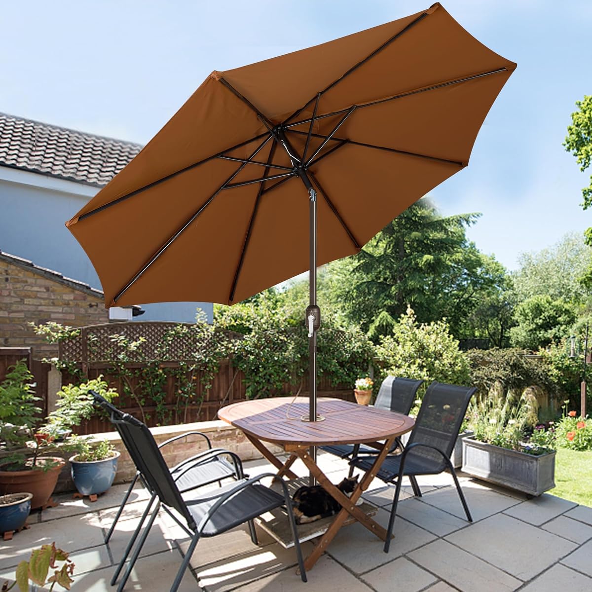 Blissun 9' Outdoor Patio Umbrella, Outdoor Table Umbrella, Yard Umbrella, Market Umbrella with 8 Sturdy Ribs, Push Button Tilt and Crank, Brown - detail image 5