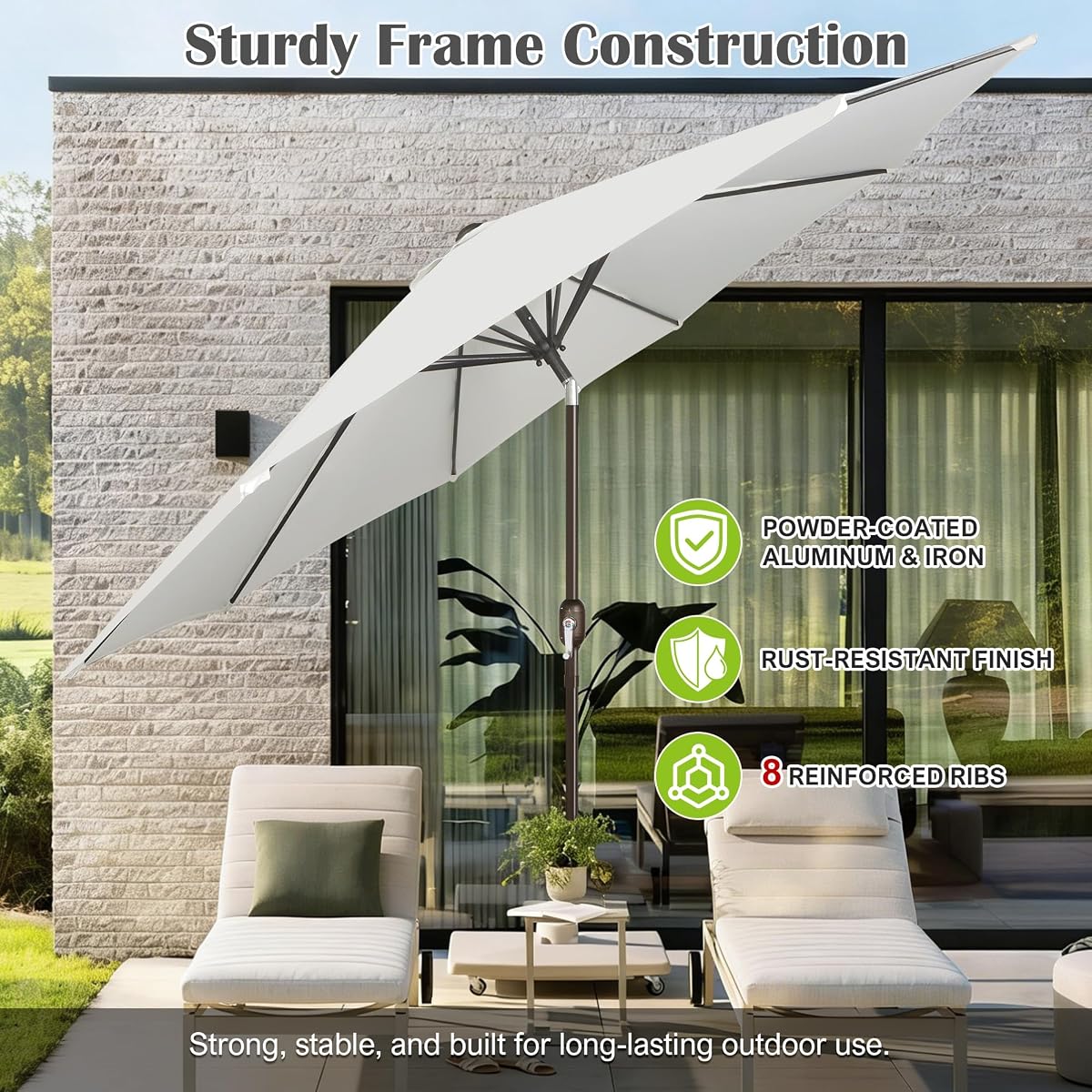 Blissun 10FT Patio Umbrella, Outdoor Table Umbrella, Yard Umbrella, Market Umbrella with 8 Sturdy Ribs, Push Button Tilt and Crank, Cream White - detail image 2