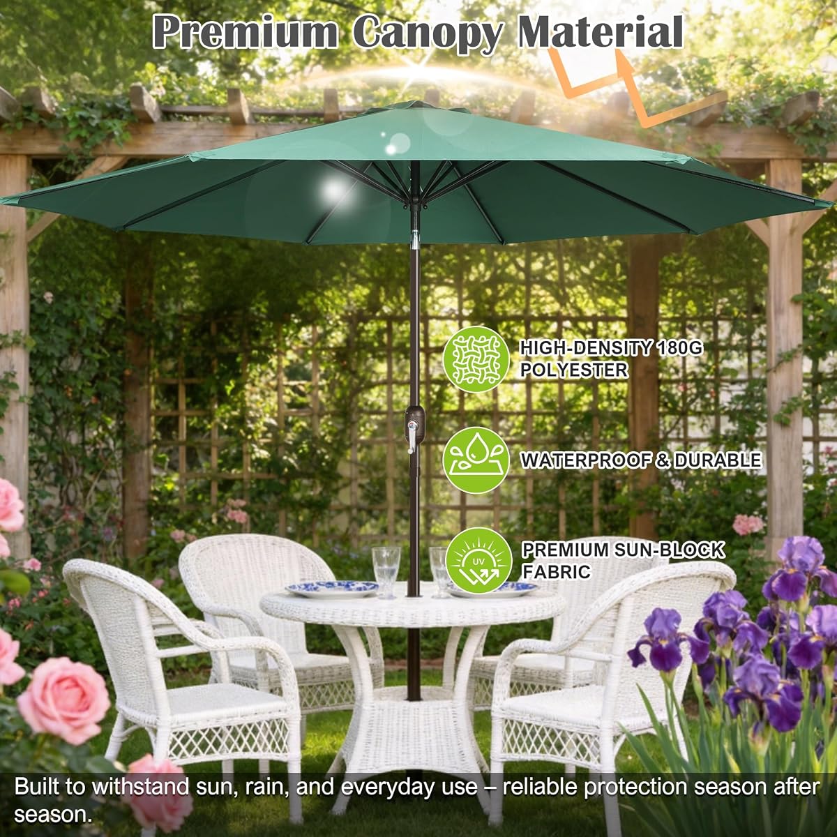 Blissun 10FT Patio Umbrella, Outdoor Table Umbrella, Yard Umbrella, Market Umbrella with 8 Sturdy Ribs, Push Button Tilt and Crank, Seaglass - detail image 3