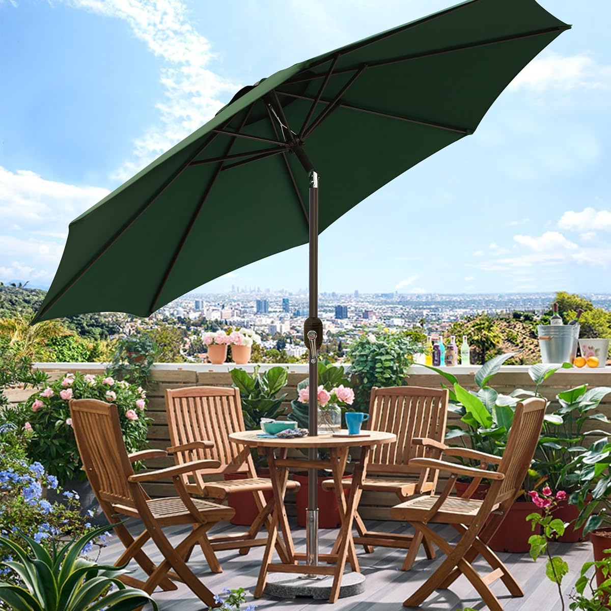 Blissun 9' Outdoor Patio Umbrella, Outdoor Table Umbrella, Yard Umbrella, Market Umbrella with 8 Sturdy Ribs, Push Button Tilt and Crank (Dark Green) - detail image 4