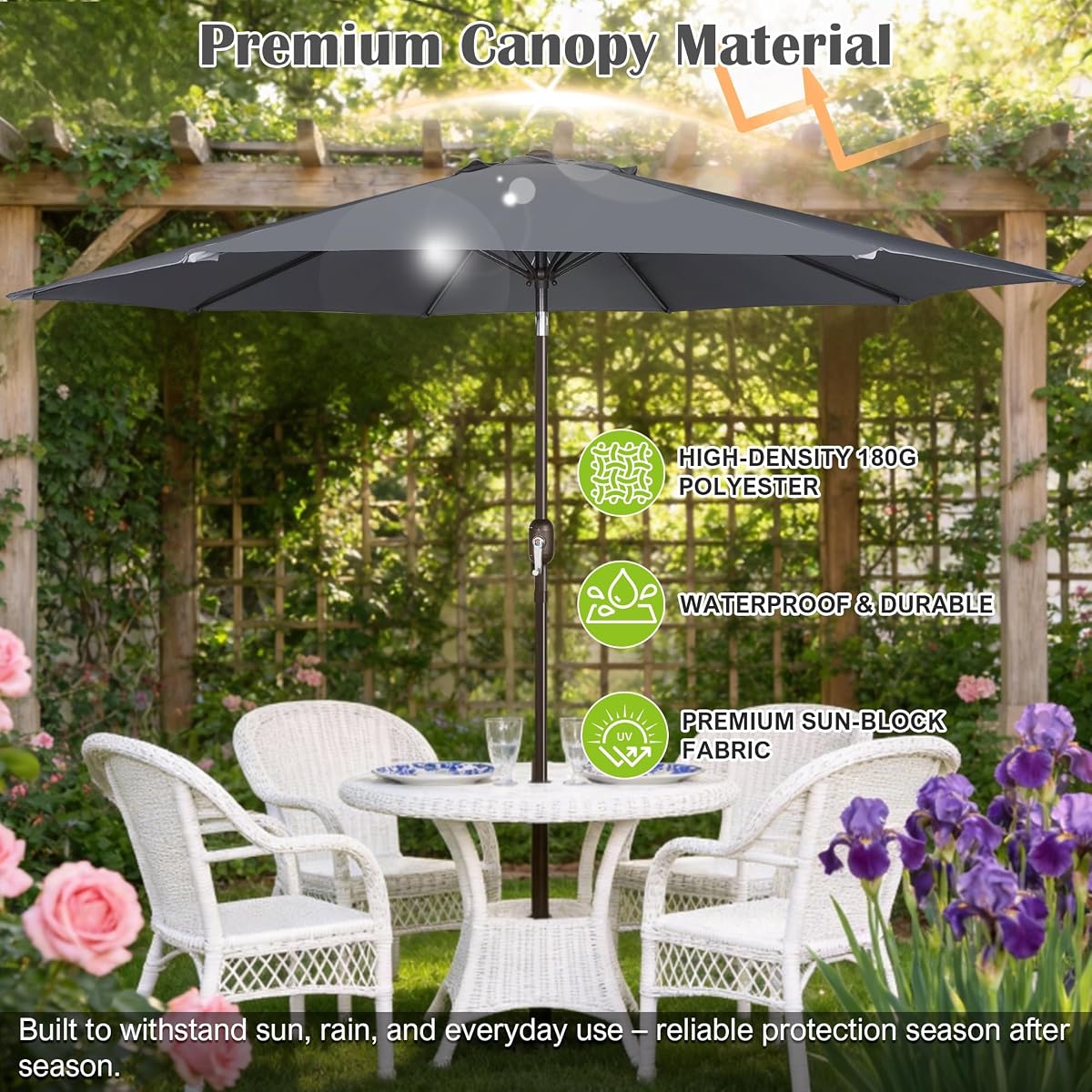 Blissun 10FT Patio Umbrella, Outdoor Table Umbrella, Yard Umbrella, Market Umbrella with 8 Sturdy Ribs, Push Button Tilt and Crank, Dark Grey - detail image 3