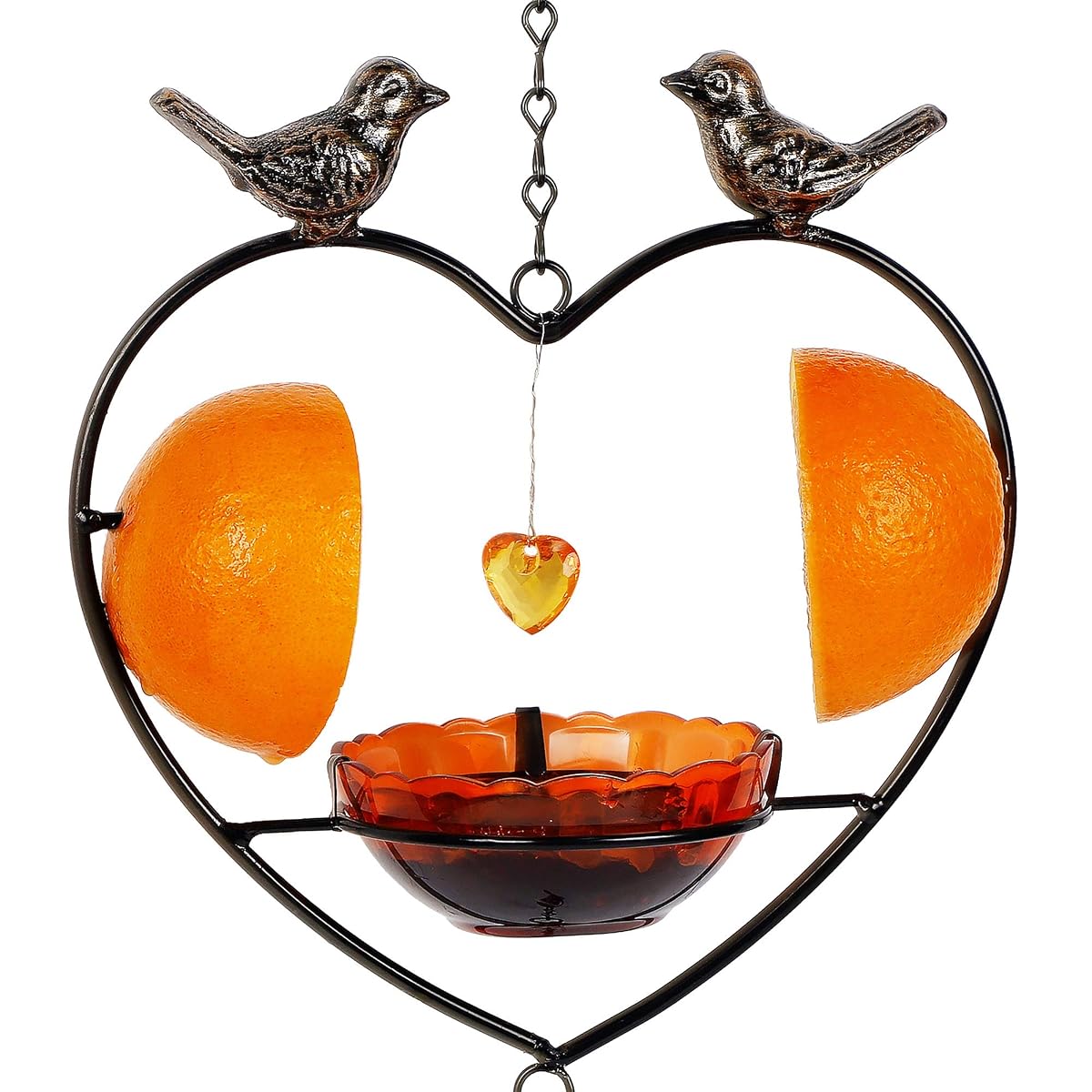 FORUP Oriole Bird Feeder for Outdoors Jelly and Oranges, Orange Fruit Oriole Jelly Bird Feeder, Outdoor Garden Metal Hanging Drinking Grape Jelly Container Hummingbird Feeder, Heart Shape - imagem de detalhe 2