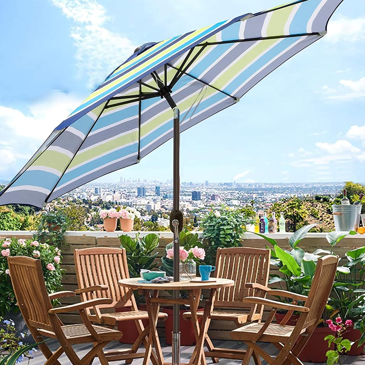 Blissun 9' Outdoor Patio Umbrella, Striped Patio Umbrella, Outdoor Table Umbrella, Market Umbrella with 8 Sturdy Ribs, Push Button Tilt and Crank (Blue and Green) - detail image 4
