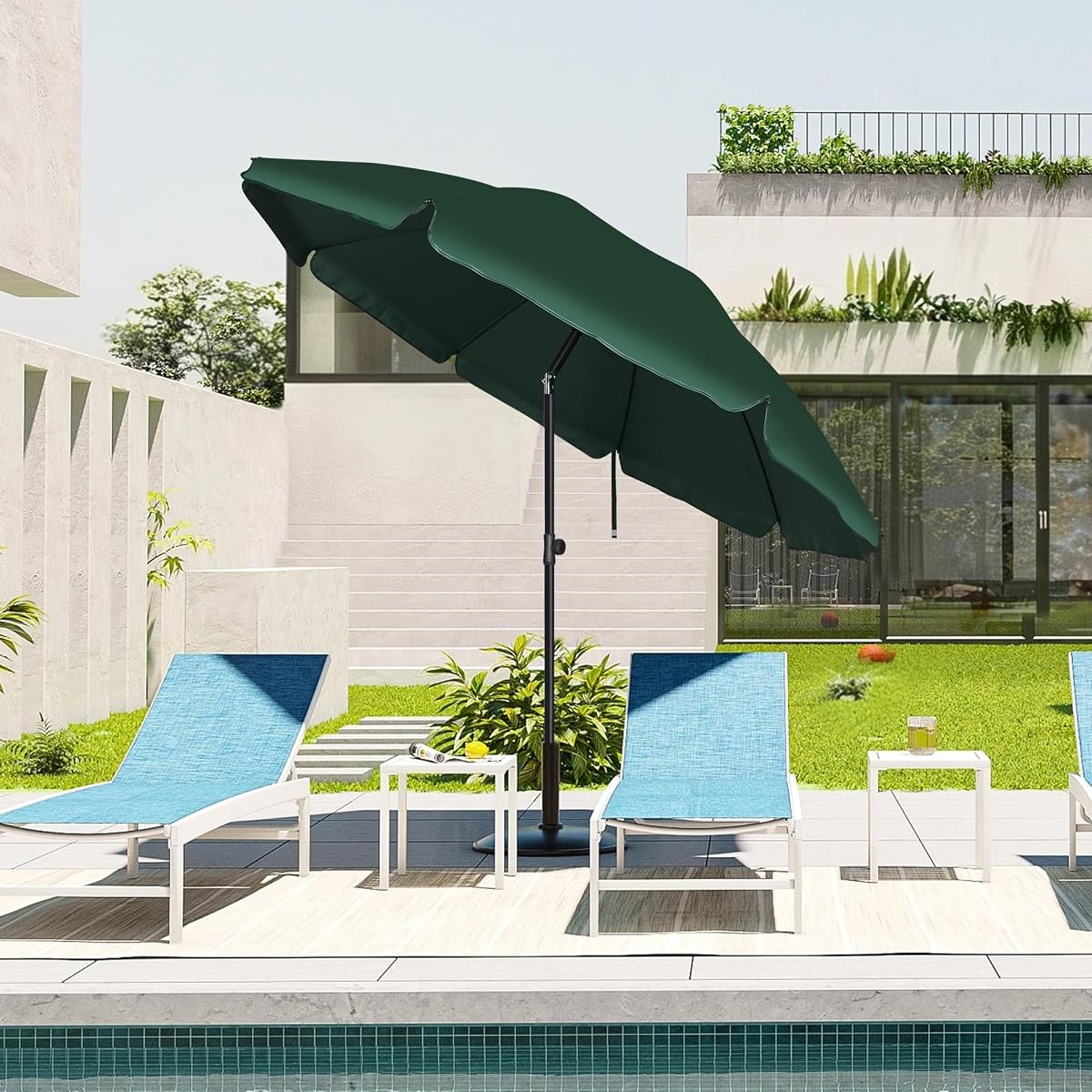 Blissun 6.5ft Patio Umbrella with Push Button Tilt & Height Adjustable, UV50+ Sun Protection with Sturdy Fiberglass Ribs & Iron Pole, Market Umbrella for Outdoor Table Garden Backyard Beach, Dark Green - detail image 5