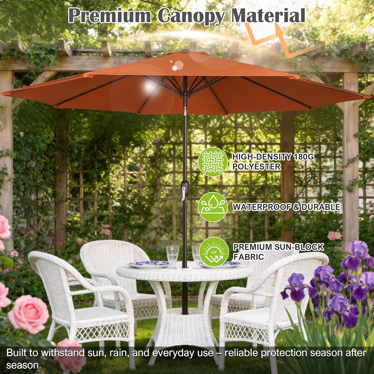Blissun 10FT Patio Umbrella, Outdoor Table Umbrella, Yard Umbrella, Market Umbrella with 8 Sturdy Ribs, Push Button Tilt and Crank, Rust - detail image 3