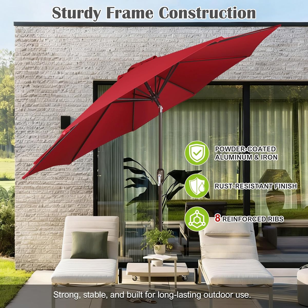 Blissun 10FT Patio Umbrella, Outdoor Table Umbrella, Yard Umbrella, Market Umbrella with 8 Sturdy Ribs, Push Button Tilt and Crank, Red - detail image 2