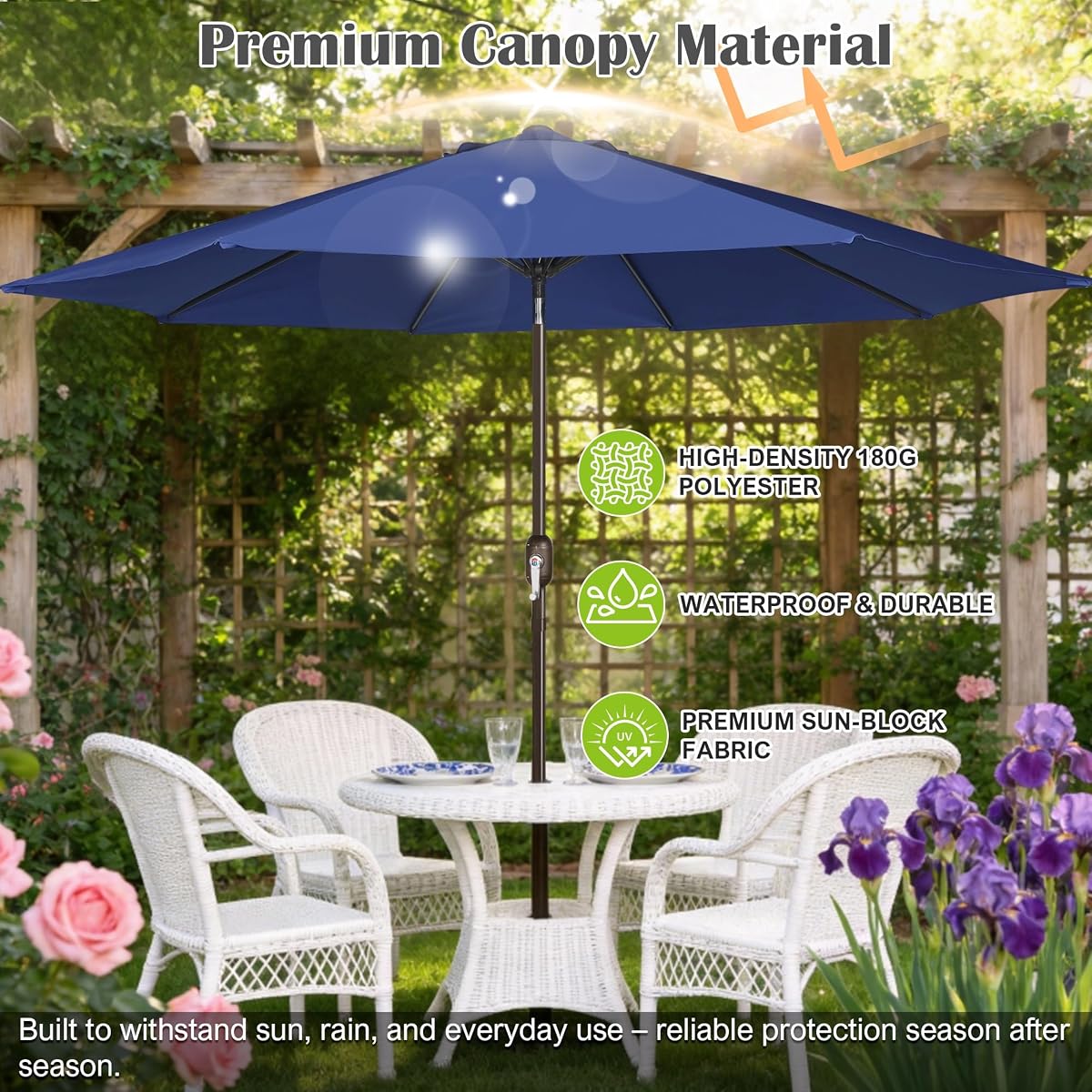 Blissun 10FT Patio Umbrella, Outdoor Table Umbrella, Yard Umbrella, Market Umbrella with 8 Sturdy Ribs, Push Button Tilt and Crank, Navy Blue - detail image 3