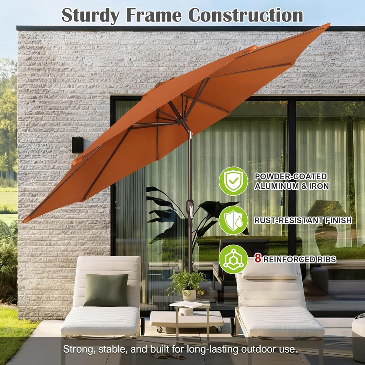 Blissun 10FT Patio Umbrella, Outdoor Table Umbrella, Yard Umbrella, Market Umbrella with 8 Sturdy Ribs, Push Button Tilt and Crank, Rust - detail image 2