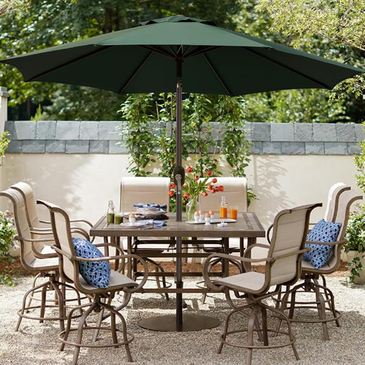 Blissun 9' Outdoor Patio Umbrella, Outdoor Table Umbrella, Yard Umbrella, Market Umbrella with 8 Sturdy Ribs, Push Button Tilt and Crank (Dark Green) - detail image 5