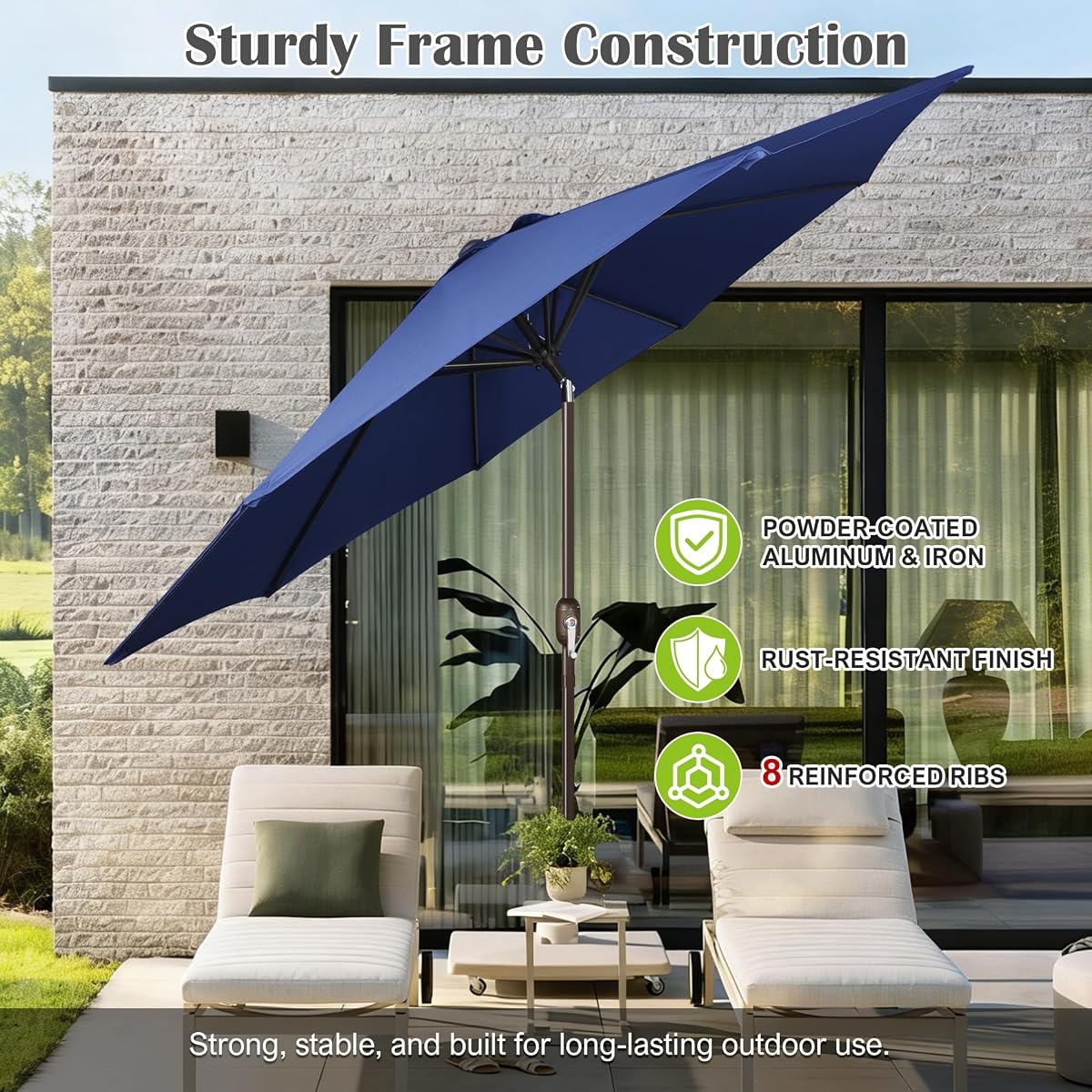 Blissun 10FT Patio Umbrella, Outdoor Table Umbrella, Yard Umbrella, Market Umbrella with 8 Sturdy Ribs, Push Button Tilt and Crank, Navy Blue - detail image 2