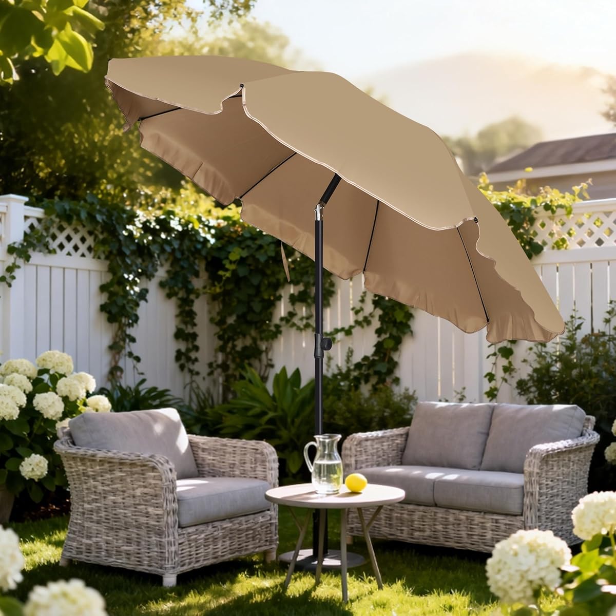 Blissun 6.5ft Patio Umbrella with Push Button Tilt & Height Adjustable, UV50+ Sun Protection with Sturdy Fiberglass Ribs & Iron Pole, Market Umbrella for Outdoor Table Garden Backyard Beach, Tan - detail image 5