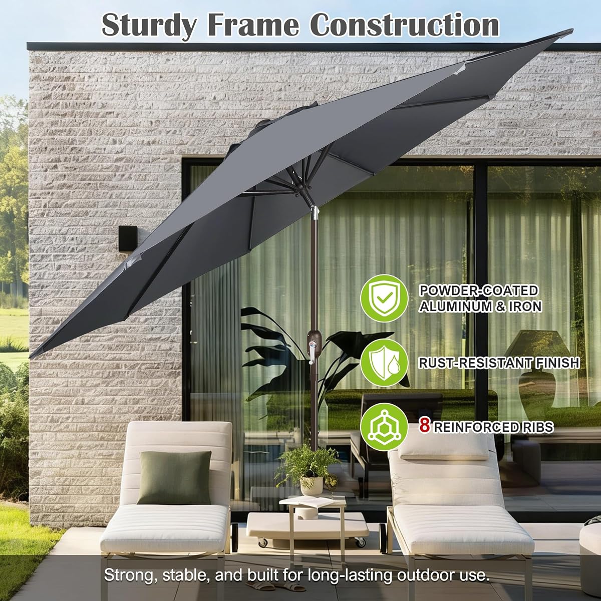 Blissun 10FT Patio Umbrella, Outdoor Table Umbrella, Yard Umbrella, Market Umbrella with 8 Sturdy Ribs, Push Button Tilt and Crank, Dark Grey - detail image 2