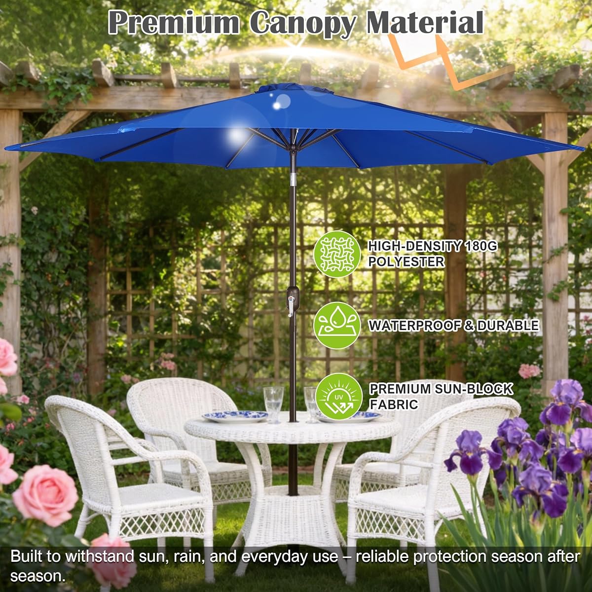 Blissun 10FT Patio Umbrella, Outdoor Table Umbrella, Yard Umbrella, Market Umbrella with 8 Sturdy Ribs, Push Button Tilt and Crank, Royal Blue - detail image 3