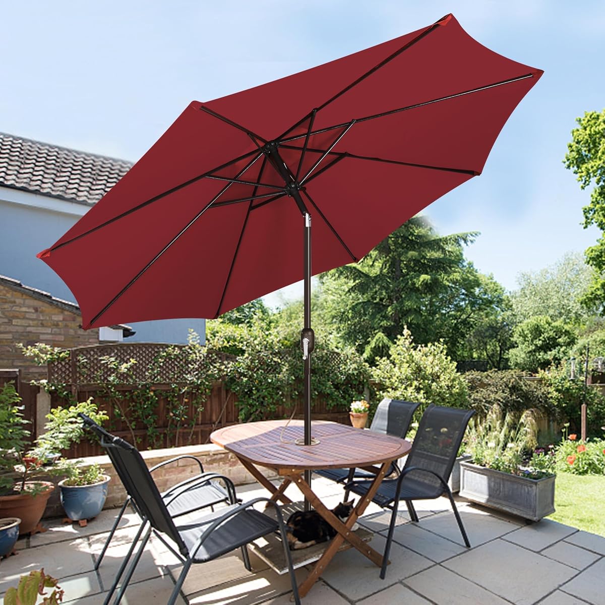 Blissun 9FT Patio Umbrella, Outdoor Table Umbrella, Yard Umbrella, Market Umbrella with 8 Sturdy Ribs, Push Button Tilt and Crank, Burgundy - detail image 6