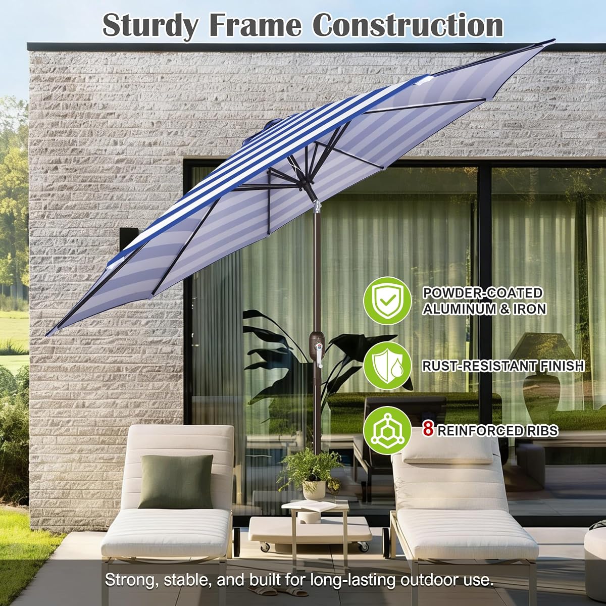 Blissun 10FT Patio Umbrella, Outdoor Table Umbrella, Yard Umbrella, Market Umbrella with 8 Sturdy Ribs, Push Button Tilt and Crank, Blue & White - detail image 2