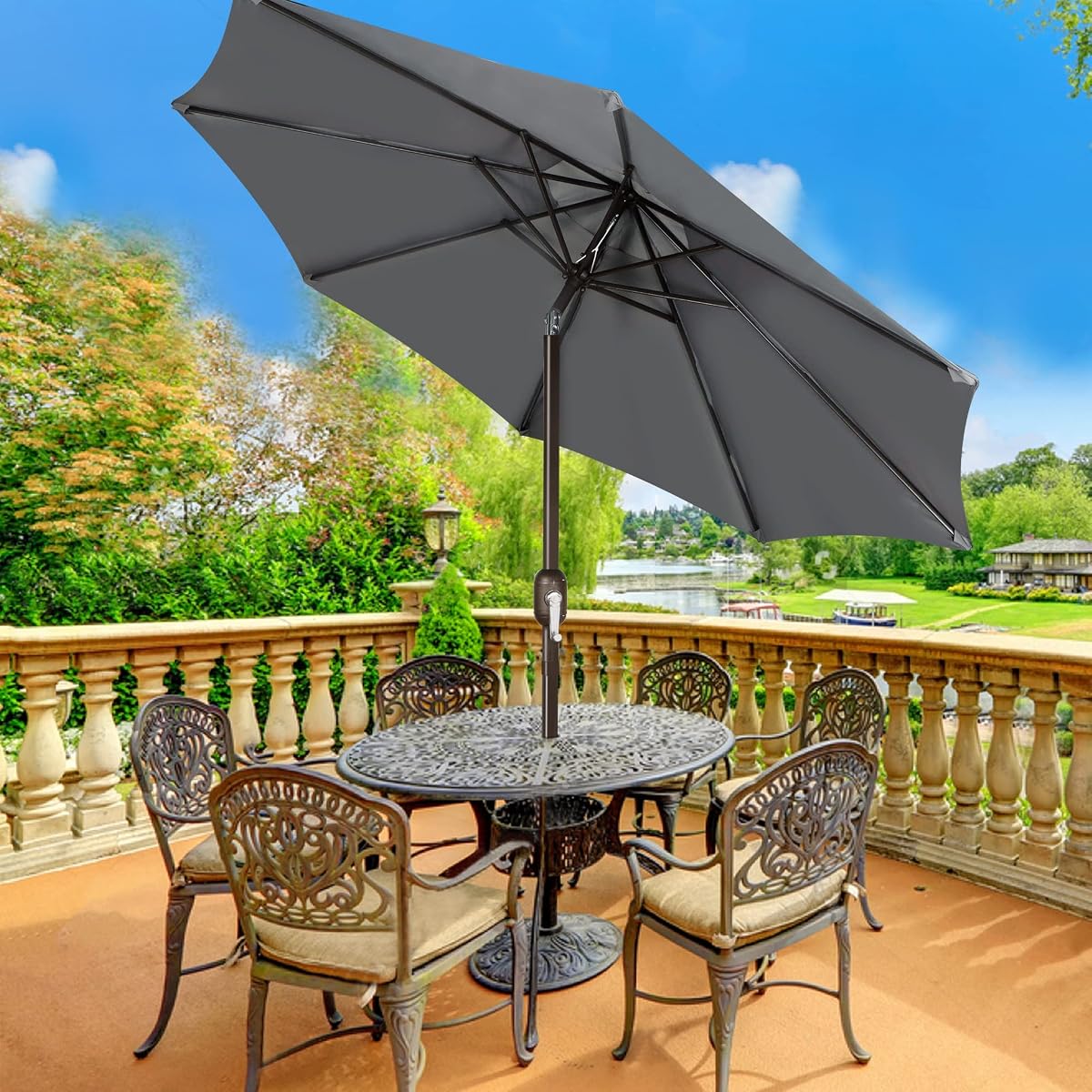 Blissun 9' Outdoor Patio Umbrella, Outdoor Table Umbrella, Yard Umbrella, Market Umbrella with 8 Sturdy Ribs, Push Button Tilt and Crank, Dark Grey - detail image 6