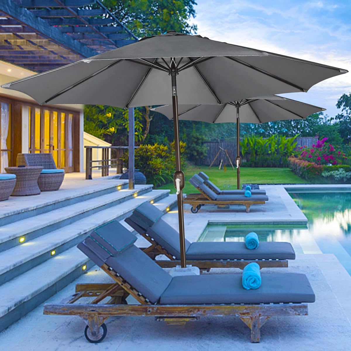 Blissun 9' Outdoor Patio Umbrella, Outdoor Table Umbrella, Yard Umbrella, Market Umbrella with 8 Sturdy Ribs, Push Button Tilt and Crank, Dark Grey - detail image 5