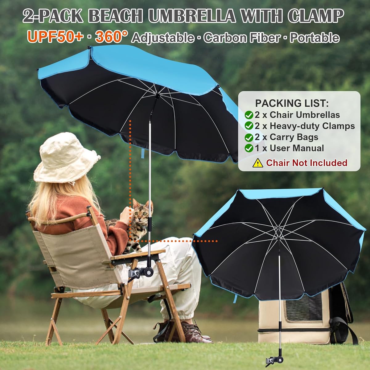 Blissun 2 Pack Chair Umbrella with Clamp, Adjustable Umbrellas for Chair, UPF50+ Sun Shade Umbrella for Beach Chair, Wheelchair, Camping Chair, Patio Chair, Golf Carts, Light Blue - detail image 2