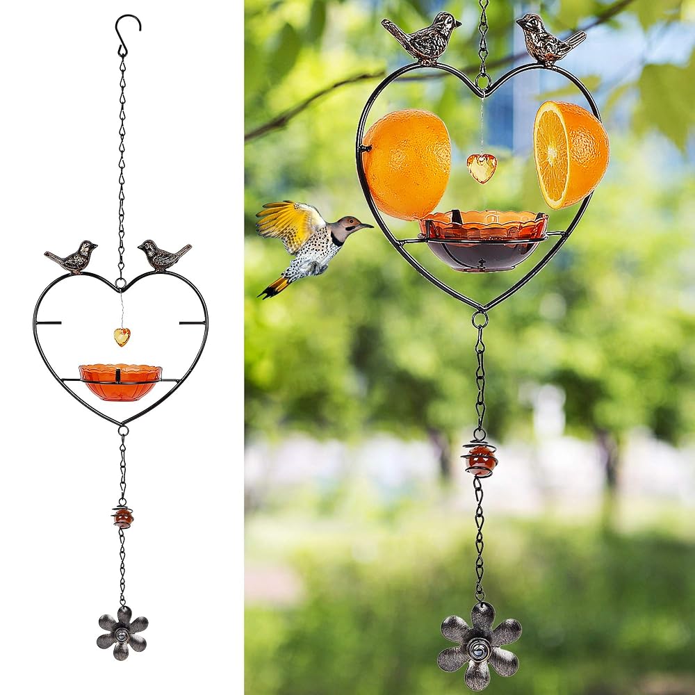 FORUP Oriole Bird Feeder for Outdoors Jelly and Oranges, Orange Fruit Oriole Jelly Bird Feeder, Outdoor Garden Metal Hanging Drinking Grape Jelly Container Hummingbird Feeder, Heart Shape