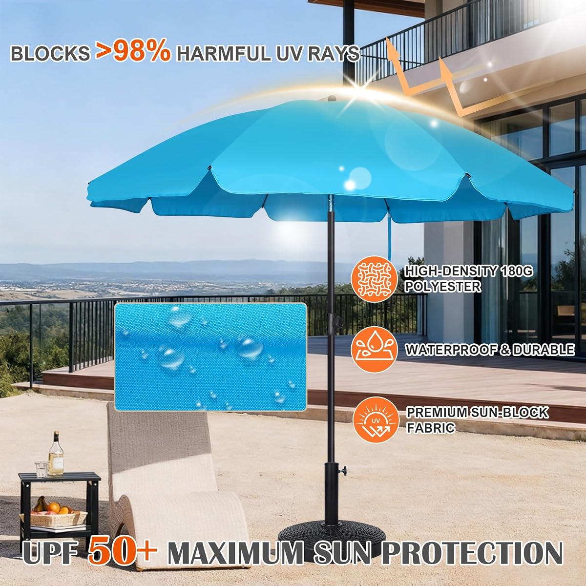 Blissun 6.5ft Patio Umbrella with Push Button Tilt & Height Adjustable, UV50+ Sun Protection with Sturdy Fiberglass Ribs & Iron Pole, Market Umbrella for Outdoor Table Garden Backyard Beach, Light Blue - detail image 4