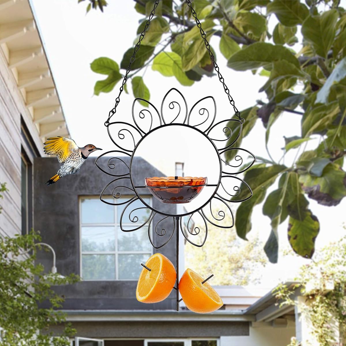 FORUP Oriole Bird Feeder for Outdoors Jelly and Oranges, Orange Fruit Oriole Jelly Bird Feeder, Outdoor Garden Metal Hanging Drinking Grape Jelly Container Hummingbird Feeder, Flower Shape - imagen de detalle 3