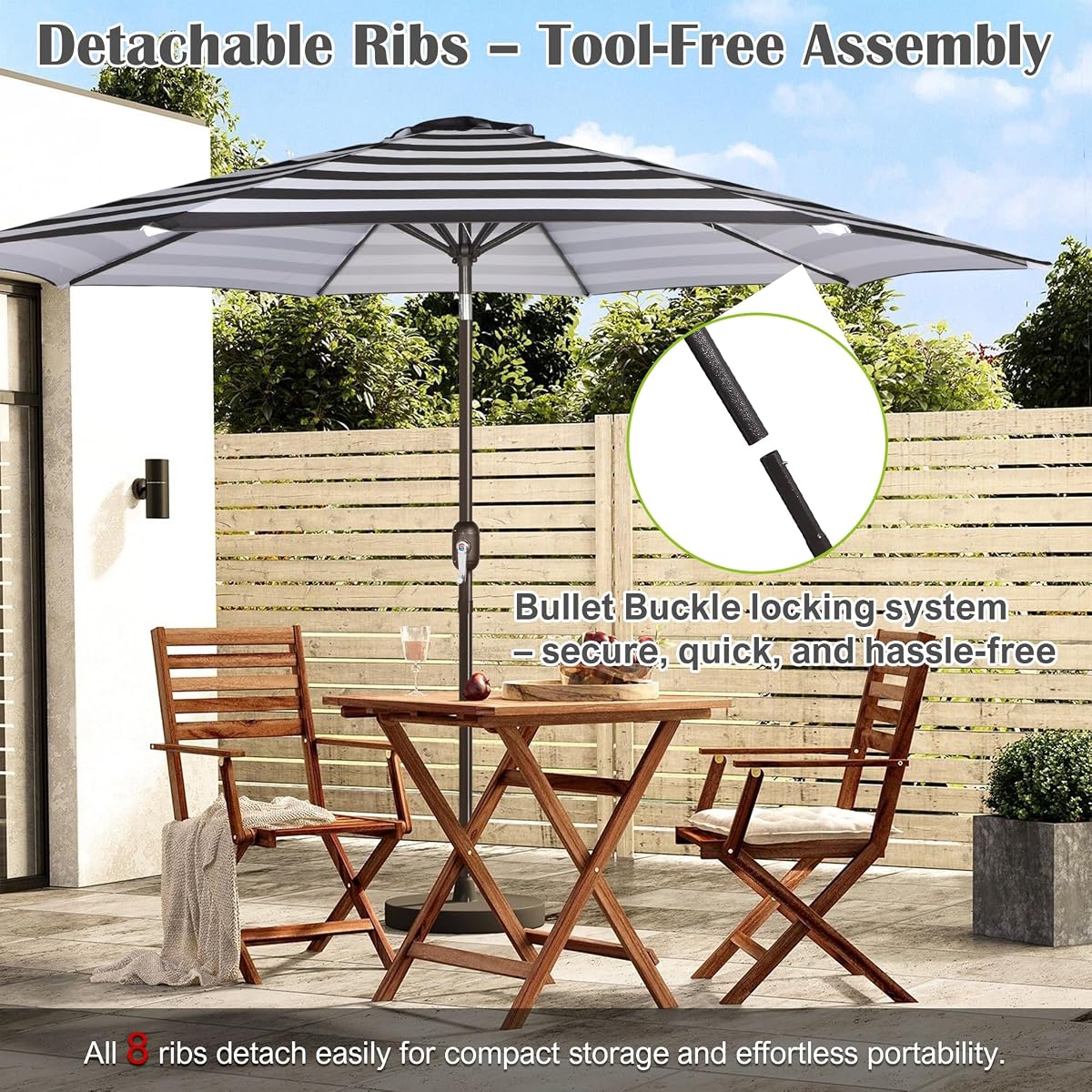 Blissun 10FT Patio Umbrella, Outdoor Table Umbrella, Yard Umbrella, Market Umbrella with 8 Sturdy Ribs, Push Button Tilt and Crank, Black & White Stripe - detail image 5