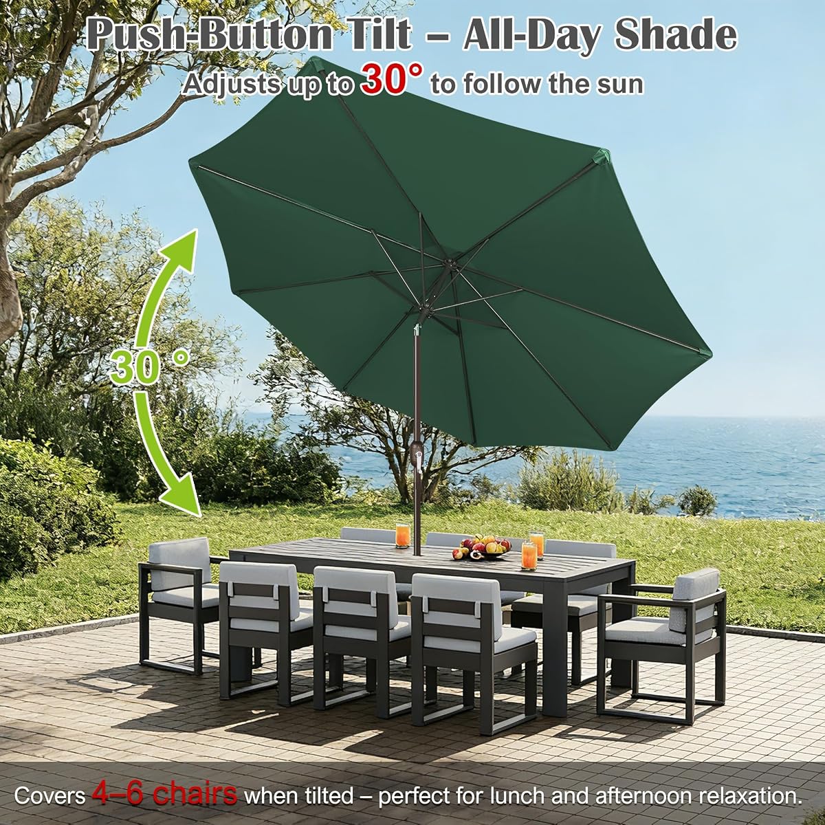 Blissun 10FT Patio Umbrella, Outdoor Table Umbrella, Yard Umbrella, Market Umbrella with 8 Sturdy Ribs, Push Button Tilt and Crank, Dark Green - detail image 4