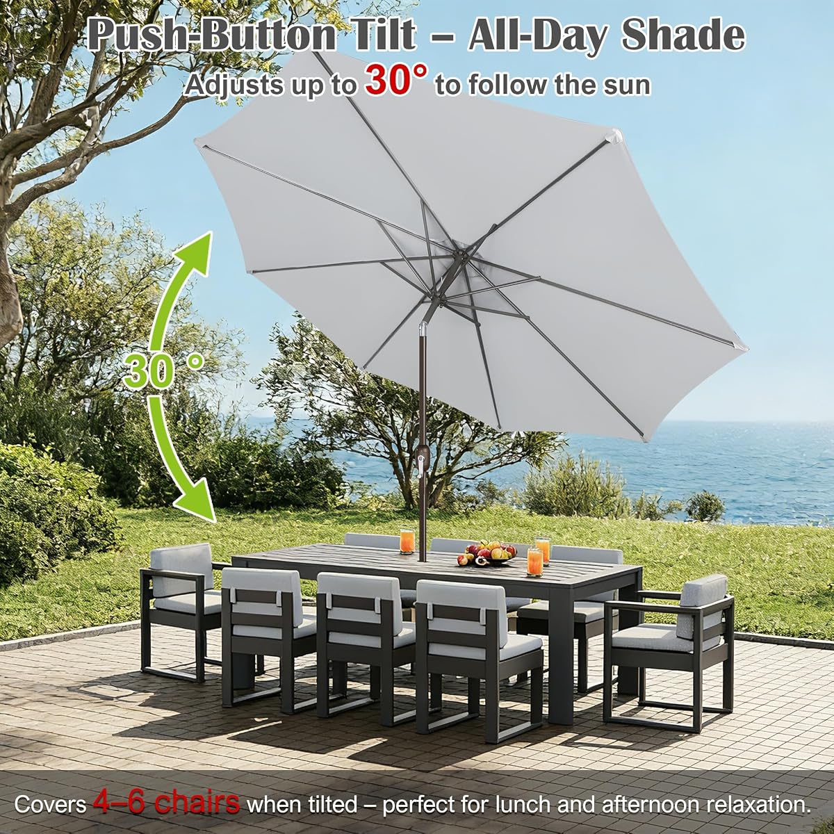Blissun 10FT Patio Umbrella, Outdoor Table Umbrella, Yard Umbrella, Market Umbrella with 8 Sturdy Ribs, Push Button Tilt and Crank, Grey - detail image 4