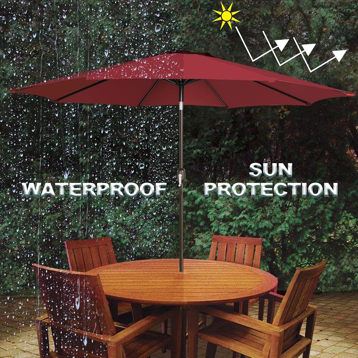 Blissun 9FT Patio Umbrella, Outdoor Table Umbrella, Yard Umbrella, Market Umbrella with 8 Sturdy Ribs, Push Button Tilt and Crank, Burgundy - detail image 5