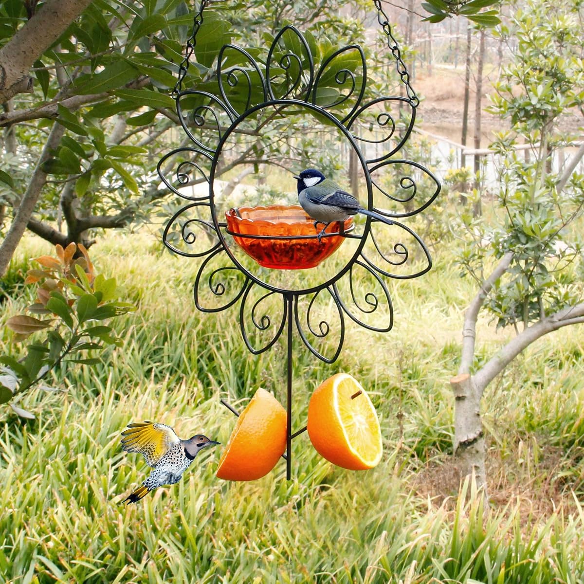 FORUP Oriole Bird Feeder for Outdoors Jelly and Oranges, Orange Fruit Oriole Jelly Bird Feeder, Outdoor Garden Metal Hanging Drinking Grape Jelly Container Hummingbird Feeder, Flower Shape - imagen de detalle 4