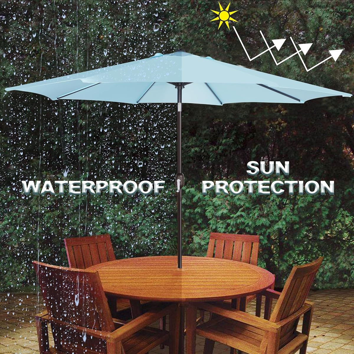 Blissun 9FT Patio Umbrella, Outdoor Table Umbrella, Yard Umbrella, Market Umbrella with 8 Sturdy Ribs, Push Button Tilt and Crank, Pale Turquoise - detail image 4