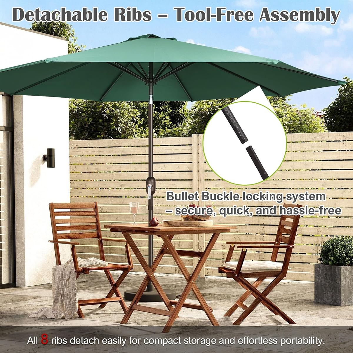 Blissun 10FT Patio Umbrella, Outdoor Table Umbrella, Yard Umbrella, Market Umbrella with 8 Sturdy Ribs, Push Button Tilt and Crank, Seaglass - detail image 5