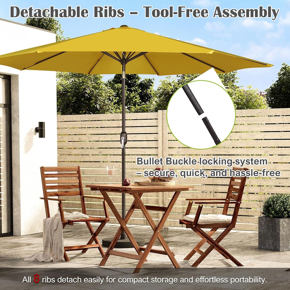 Blissun 10FT Patio Umbrella, Outdoor Table Umbrella, Yard Umbrella, Market Umbrella with 8 Sturdy Ribs, Push Button Tilt and Crank, Yellow - detail image 5