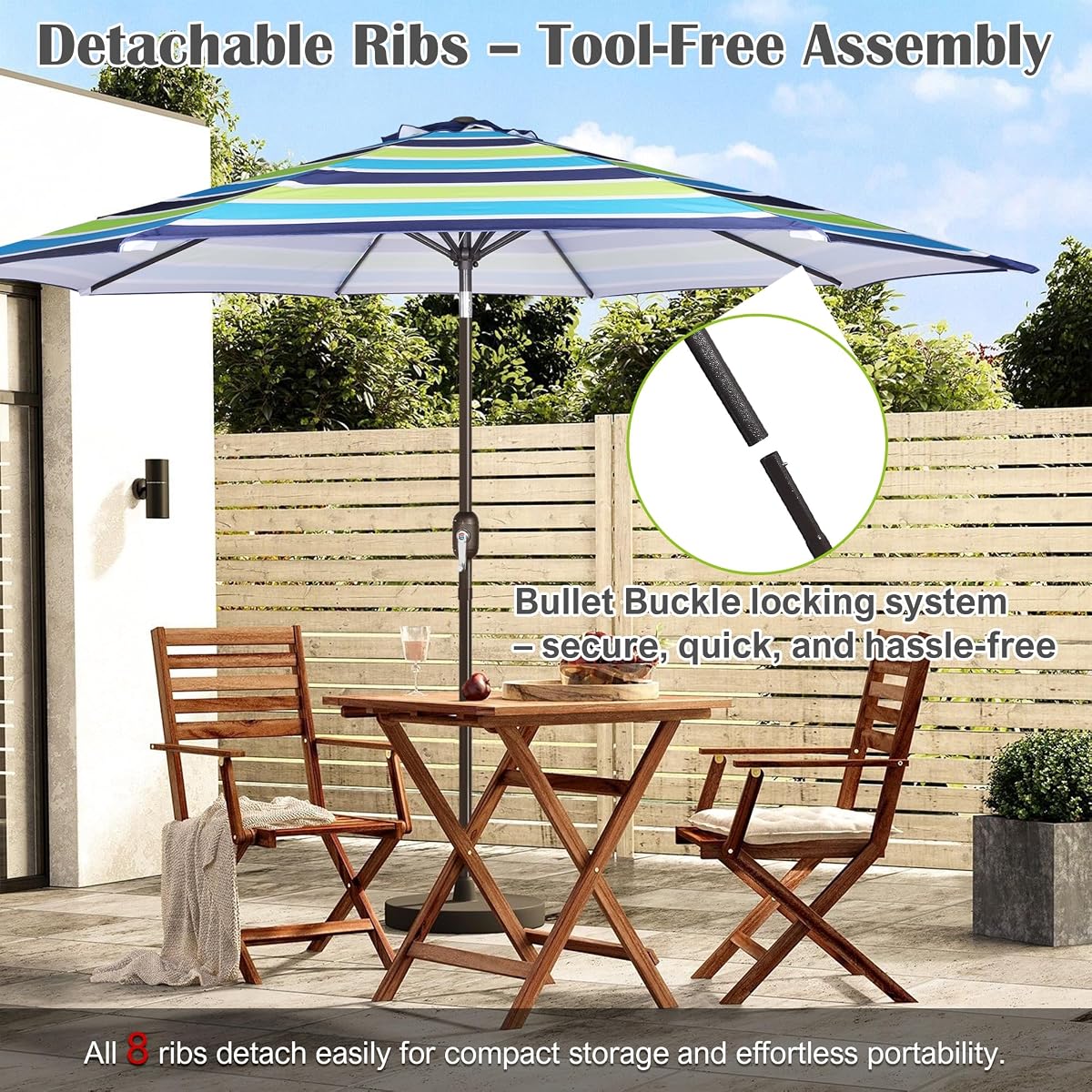 Blissun 10FT Patio Umbrella, Outdoor Table Umbrella, Yard Umbrella, Market Umbrella with 8 Sturdy Ribs, Push Button Tilt and Crank, Blue & Green - detail image 5