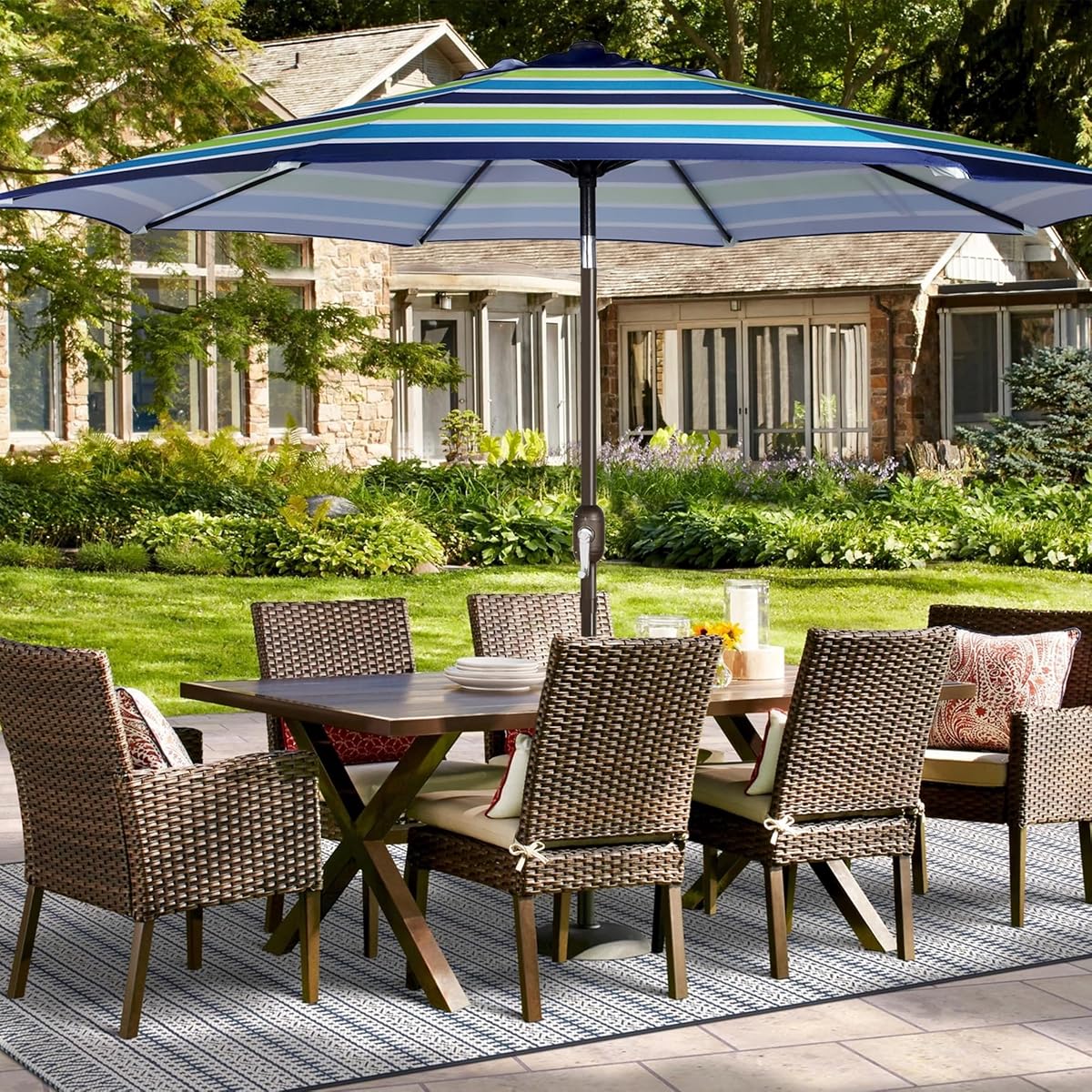 Blissun 9ft Patio Umbrella Replacement Canopy, Market Umbrella Top, Outdoor Table Umbrella Canopy for 8 Ribs, Canopy Only (Blue & Green Stripe) - detail image 5