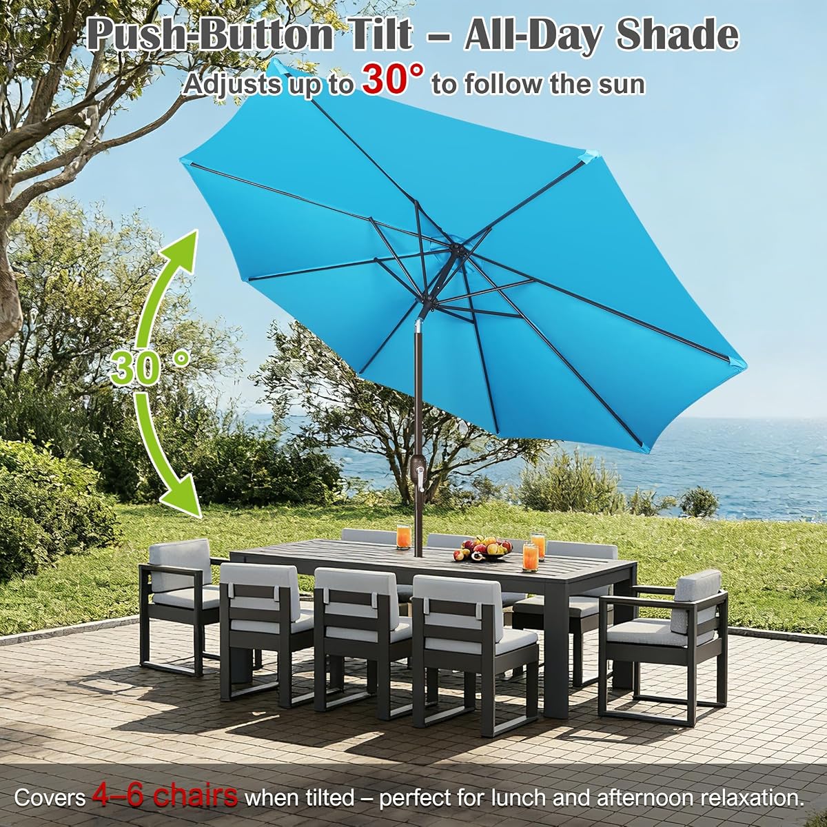Blissun 10FT Patio Umbrella, Outdoor Table Umbrella, Yard Umbrella, Market Umbrella with 8 Sturdy Ribs, Push Button Tilt and Crank, Light Blue - detail image 4