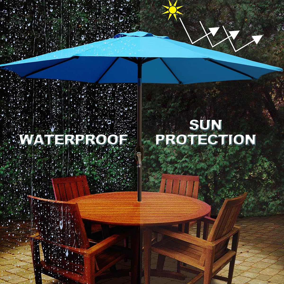 Blissun 9' Outdoor Patio Umbrella, Outdoor Table Umbrella, Yard Umbrella, Market Umbrella with 8 Sturdy Ribs, Push Button Tilt and Crank (Light Blue) - detail image 4