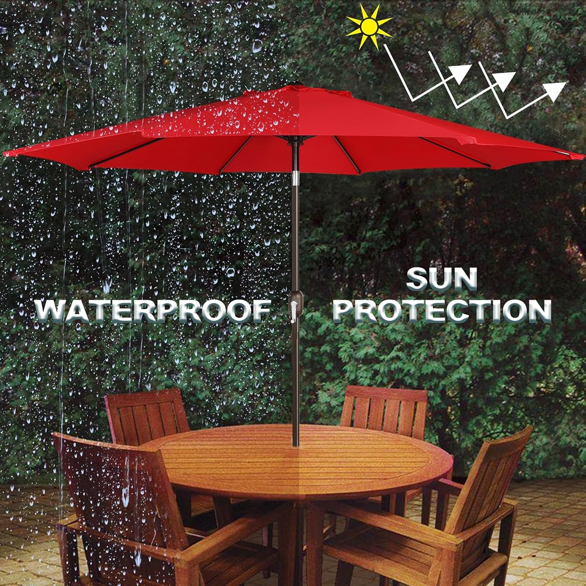 Blissun 9FT Patio Umbrella, Outdoor Table Umbrella, Yard Umbrella, Market Umbrella with 8 Sturdy Ribs, Push Button Tilt and Crank, Bright Red - detail image 5