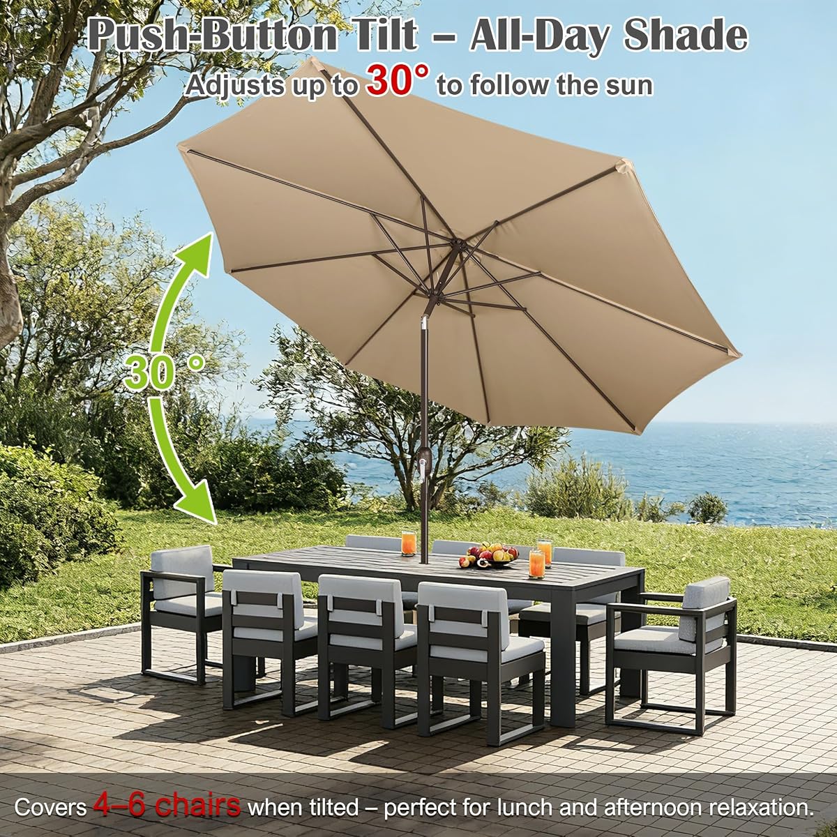 Blissun 10FT Patio Umbrella, Outdoor Table Umbrella, Yard Umbrella, Market Umbrella with 8 Sturdy Ribs, Push Button Tilt and Crank, Tan - detail image 4