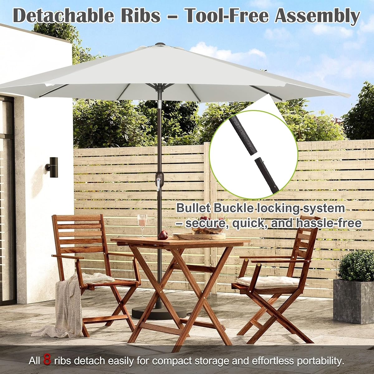 Blissun 10FT Patio Umbrella, Outdoor Table Umbrella, Yard Umbrella, Market Umbrella with 8 Sturdy Ribs, Push Button Tilt and Crank, Cream White - detail image 5