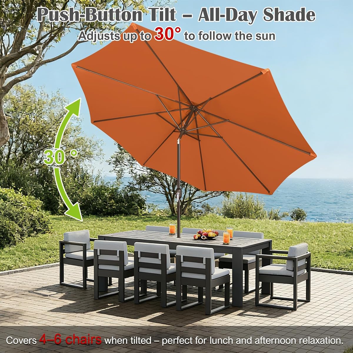 Blissun 10FT Patio Umbrella, Outdoor Table Umbrella, Yard Umbrella, Market Umbrella with 8 Sturdy Ribs, Push Button Tilt and Crank, Rust - detail image 4