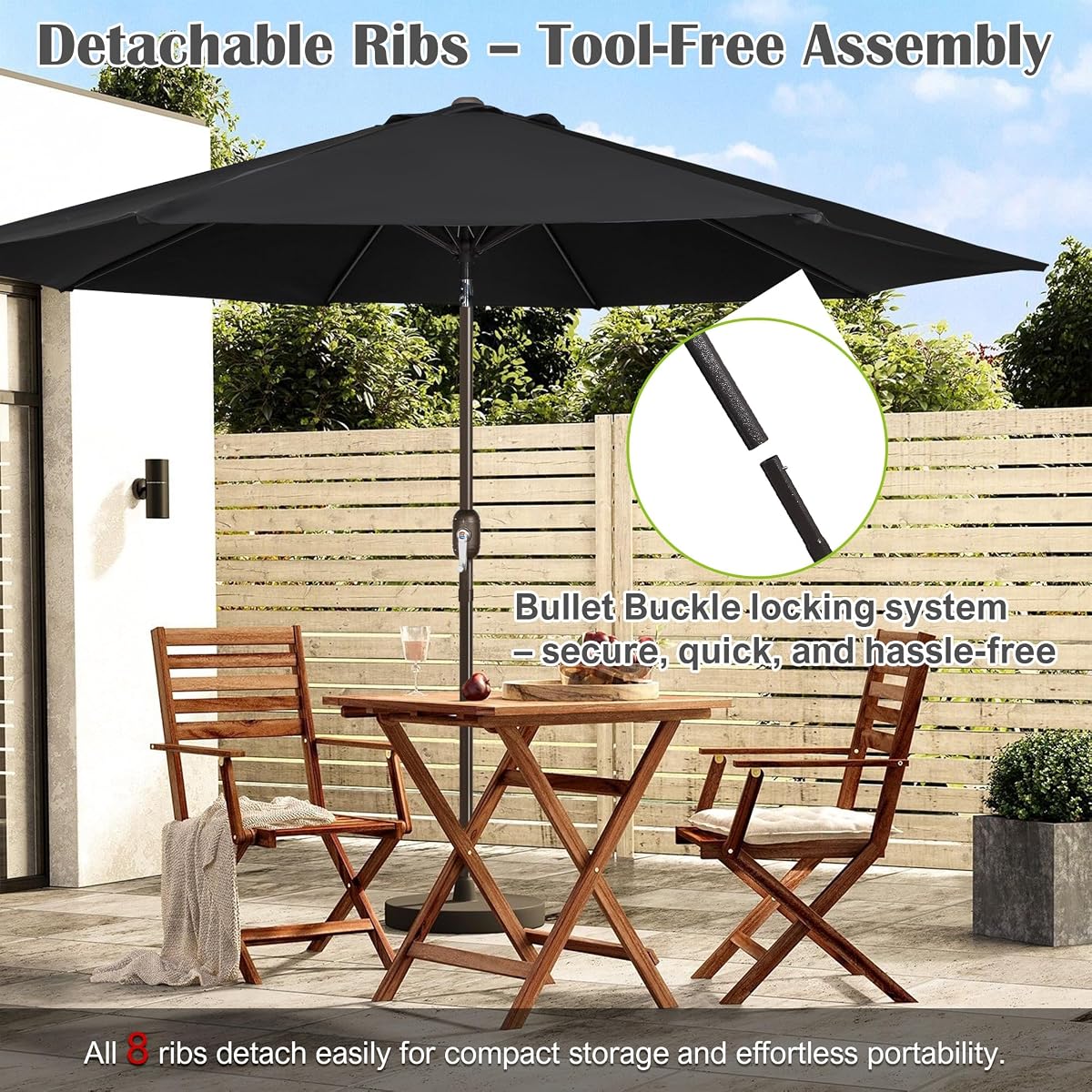 Blissun 10FT Patio Umbrella, Outdoor Table Umbrella, Yard Umbrella, Market Umbrella with 8 Sturdy Ribs, Push Button Tilt and Crank, Black - detail image 5