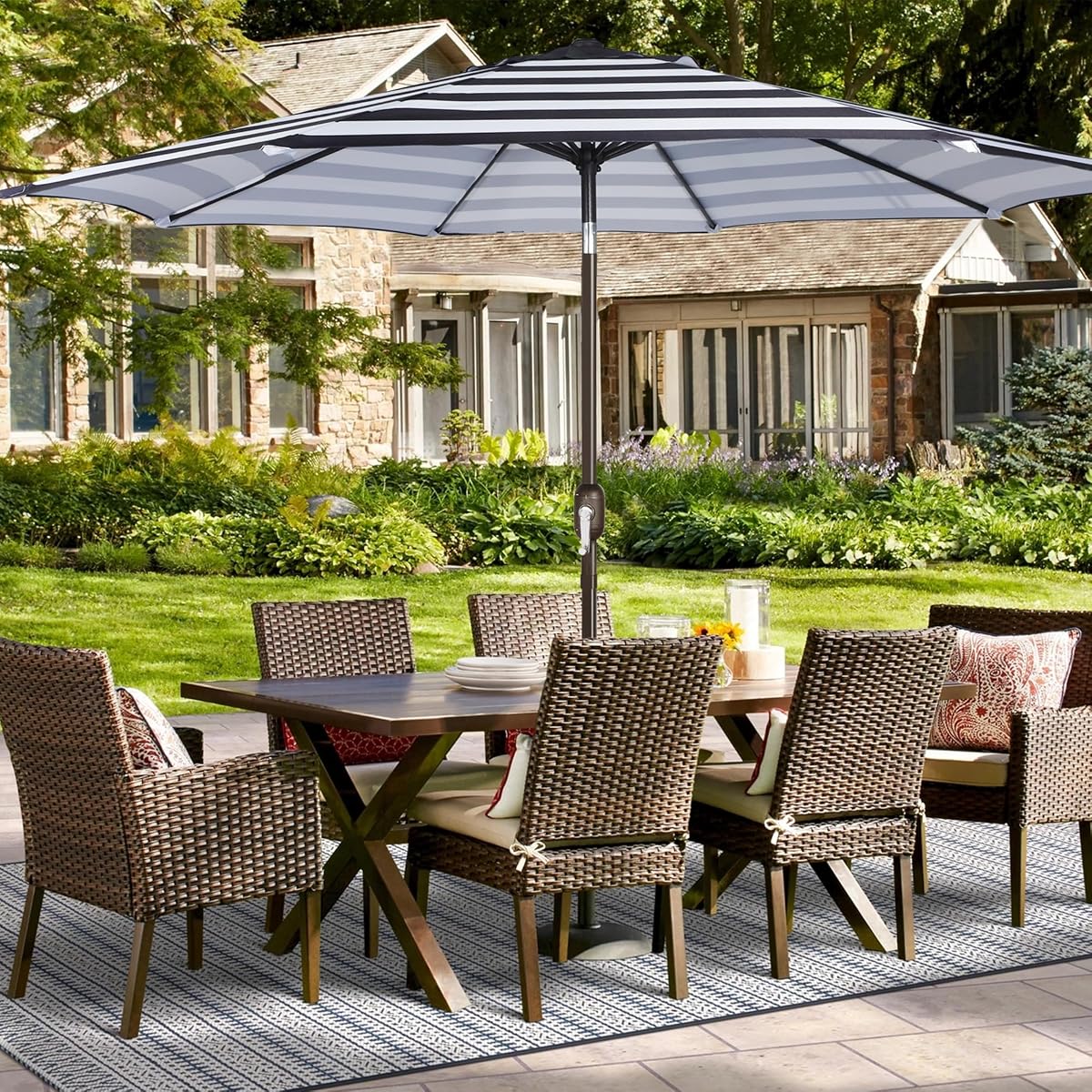 Blissun 9ft Patio Umbrella Replacement Canopy, Market Umbrella Top, Outdoor Table Umbrella Canopy for 8 Ribs, Canopy Only (Black & White Stripe) - detail image 5